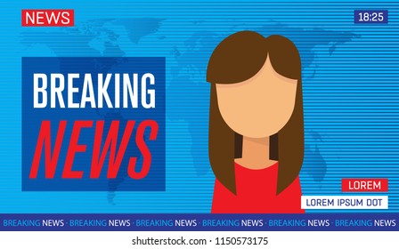 newscaster woman reporting tv news sitting in a studio, breaking news on tv, flat vector illustration