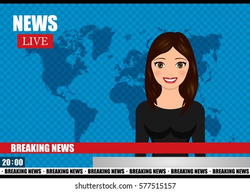 Newscaster woman reports breaking news. News vector illustration. Media on television concept.