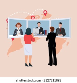 Newscasters broadcast news with state representative reporters live on the screen. Breaking news meeting International. Colored flat vector illustration.