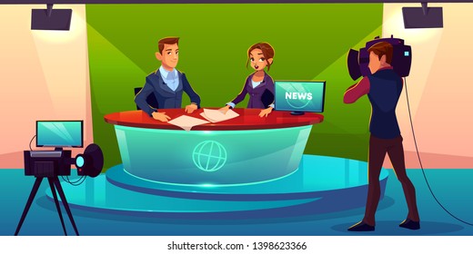 Newscasters Team Live Broadcast Cartoon Vector. Journalist And TV Show Guest, Invited Expert Sitting At Desk In Television Chanel Studio During Interview Record, Breaking News Presenting Illustration