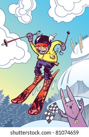 The newschool skier is sliding down and jumping from the snow cliffs.