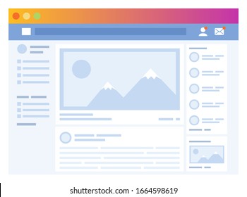 Newsfeed in social media network. Website with picture and content in feed. Blocks with info about user and notifications. Site for chatting and messaging, blogging and posting posts, vector