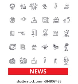 News,journalism,facts, newspaper,communication, discovery, reporter, story line icons. Journalism outline signs set.  News icons with editable strokes. Online newspaper logo. Reporter symbol.