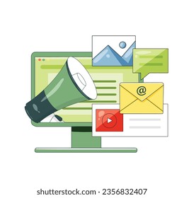 Newsletter advertising in newsletters concept. E-mail ads. Computer with megaphone and play icons, letters, pictures. Hand drawn style
