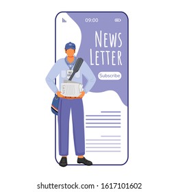 Newsletter cartoon smartphone vector app screen. Reading newspapers online. Receiving notifications. Mobile phone displays with flat character design mockup. Application telephone cute interface