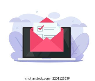 Newsletter Checklist Email Icon Vector Or Survey Test Results Check List Report E-mail mail Letter Graphic, Online Task Campaign Subscription, Membership Choose Concept On Laptop Illustration image