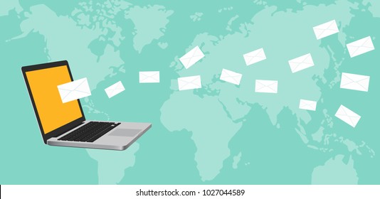 newsletter concept illustration with notebook laptop and mail flying spreading around the world with map as background