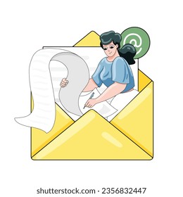 Newsletter concept. Woman writing on a really long piece of paper. Hand drawn vector illustration