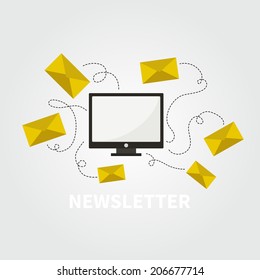 Newsletter conceptual illustration with computer and letters going and coming. Vector illustration of digital marketing and mail correspondence. Concept of news recieving via email.