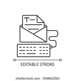 Newsletter copywriting linear icon. Copywriting services. Typewriting, typing with keyboard. Thin line customizable illustration. Contour symbol. Vector isolated outline drawing. Editable stroke