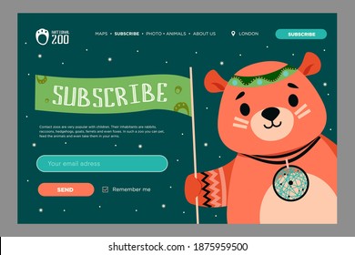 Newsletter design with cartoon wild animal. Cute bear with decorations in boho style. Vector illustrations with subscribe flag, boxes for email address. Wildlife concept for subscription letter design