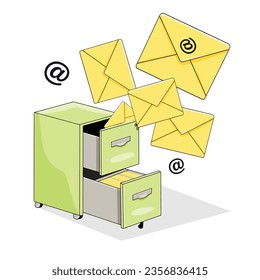 Newsletter directory concept. Hand drawn illustration isolated on white background. Filing cabinet with envelopes coming out