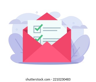 Newsletter Email Confirm Icon Checklist Vector Or Verify Membership Mail Subscription Campaign Letter Flat Illustration Graphic, Complete Test Exam Results Or Feedback Survey Check Mark List  