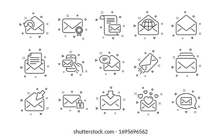 Newsletter, E-mail, Correspondence. Mail message line icons. Communication linear icon set. Geometric elements. Quality signs set. Vector
