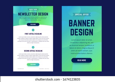 Newsletter, Email Design Template, And Vertical Banner Design Template. Modern Gradient Style With Shapes On The Background. Vector Illustration For Web Email Promotions And Landing Pages.