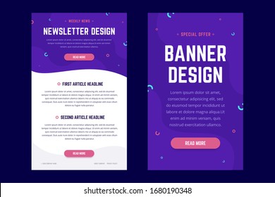 Newsletter, Email Design Template, And Vertical Banner Design Template. Modern Gradient Style With Shapes On The Background. Vector Illustration For Web Email Promotions And Landing Pages.