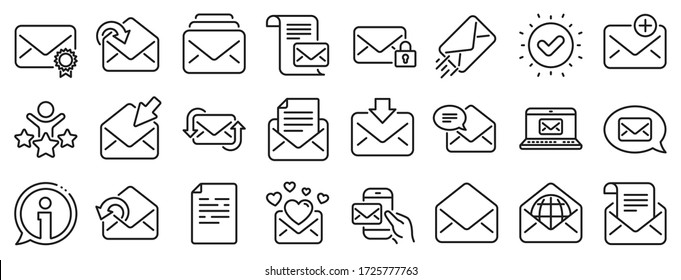 Boletín, documento de correo electrónico, iconos de correspondencia. Iconos de la línea de mensajes de correo. Correo recibido, mensaje seguro y carta web. Boletín de correos, Enviar documento de correo electrónico, comunicación privada. Vector