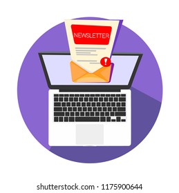 Newsletter email illustration with laptop isolated on blue. Laptop mail with a new letter in the inbox open to read or send to other mailbox. Vector newsletter icon for delivery or to read a new email