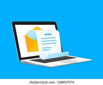 Newsletter Email Illustration With Laptop Isolated On Blue. Laptop Mail With A New Letter In The Inbox Open To Read Or Send To Other Mailbox. Vector Newsletter Icon For Delivery Or To Read A New Email