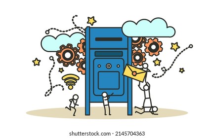 Newsletter email mailbox vector illustration with people man and woman. Inbox mail subscribe message envelope marketing communication design. Online business receive service post. Promotion banner