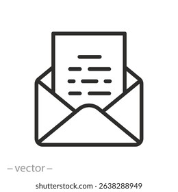 newsletter icon, open envelope with letter, thin line symbol on white background - editable stroke vector illustration eps10