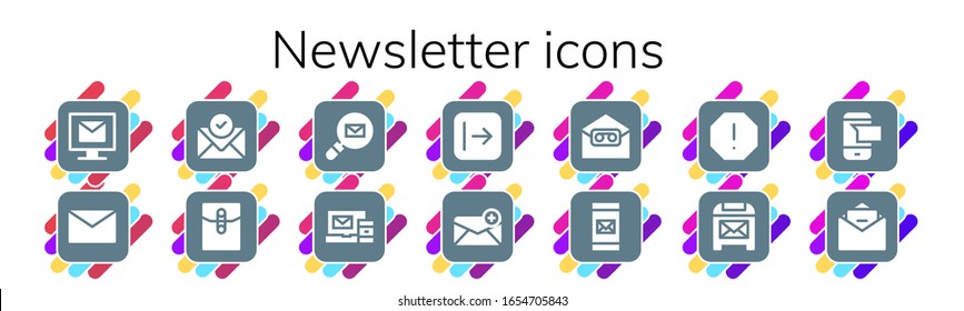 newsletter icon set. 14 filled newsletter icons. Included Email, Mail, Send, Spam, Sms icons