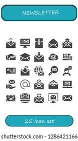  newsletter icon set. 25 filled newsletter icons. Simple modern icons about  - Email, Mail, Envelope, News, Arroba