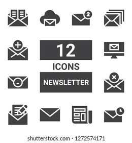 newsletter icon set. Collection of 12 filled newsletter icons included Email, News, Mail