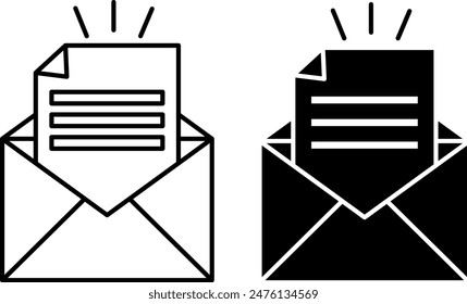 Newsletter icons. Black and White Vector Icon of Envelope with Letter. Email Message. Blogger and Social Networks Concept