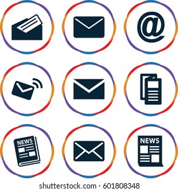 newsletter icons set. Set of 9 newsletter filled icons such as mail, news, letter