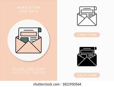 Newsletter icons set vector illustration with solid icon line style. Message and mail concept. Editable stroke icon on isolated background for web design, infographic and UI mobile app.