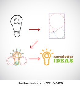 Newsletter Ideas Abstract Vector Logo Template from Idea to Implementation with Golden Ratio and Hand Sketch