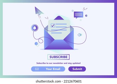 Konzept der Newsletter-Illustration. Mail-Konzept-Illustration. E-Mail, Digital-Marketing. Kontaktieren Sie uns, initiieren Sie Kontakt, kontaktieren Sie uns... E-Mail-Marketing, Web-Chat, 24-Stunden-Support. Konzept abonnieren