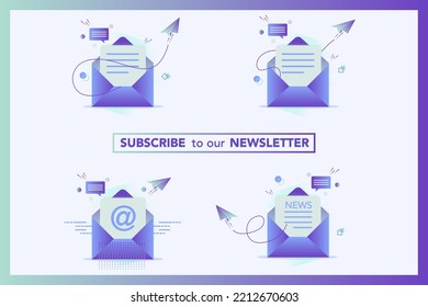 Konzept der Newsletter-Illustration. Mail-Konzept-Illustration. E-Mail, Digital-Marketing. Kontaktieren Sie uns, initiieren Sie Kontakt, kontaktieren Sie uns... E-Mail-Marketing, Web-Chat, 24-Stunden-Support. Konzept abonnieren