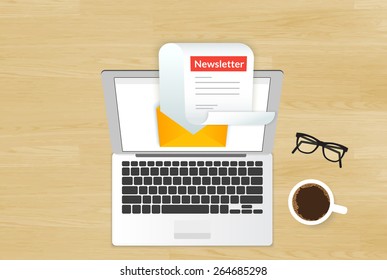 Newsletter illustration with laptop placed on realistic wooden background. Top view with cup of coffee and eyeglasses 