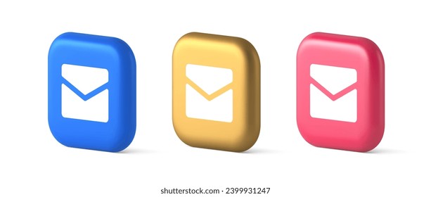 Newsletter inbox chat message button remotely communication digital notification 3d realistic blue gold and pink icons. Email closed paper envelope letter e mail contact correspondence