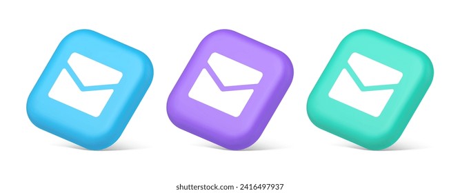 Newsletter inbox chat message button remotely communication digital notification 3d realistic blue purple and green icons. Email paper envelope letter e mail contact correspondence