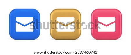 Newsletter inbox chat message button remotely communication digital notification 3d realistic blue gold and pink icons. Email closed paper envelope letter e mail contact correspondence