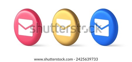 Newsletter inbox chat message button remotely communication digital notification 3d realistic blue gold and pink icons. Email closed paper envelope letter e mail contact correspondence