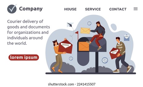 Newsletter mail. Digital mailbox landing. Email correspondence. Delivery service sent address by letter. People receive postal advertising. Post incoming. Vector website tidy template