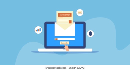 Newsletter marketing, Digital content promotion through email campaign, Email marketing, Sending promotional email - vector illustration with icons
