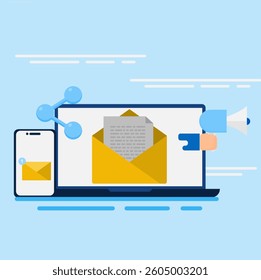 Newsletter marketing, messaging, email, digital advertising, subscriptions. Flat style illustrations. EPS  4