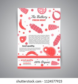 Newsletter with meat products. Flat meat farm elements. Butcher promo banners, cards, brochure, sale, promotion. Vector