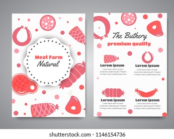 Newsletter with meat products. Flat meat farm elements. Butcher promo banners, cards, brochure, sale, promotion. Vector