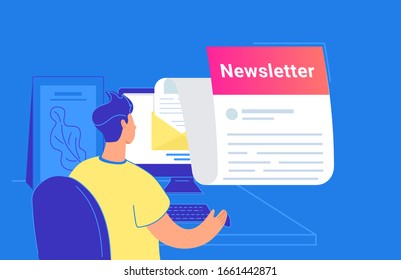 Newsletter Monatsabonnement Wohnung Vektorillustration Illustration von jungen Mann sitzen mit PC und überprüfen E-Mail-Posteingang. Personen mit Computer, Lesen von Nachrichten oder Abonnieren von Werbe- und Werbemitteilungen