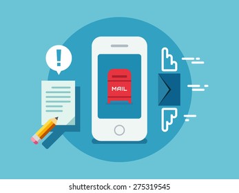 Newsletter notification on smart phone screen concept vector illustration on flat design style.