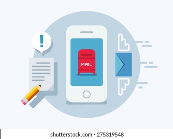 Newsletter notification on smart phone screen concept vector illustration on flat design style.