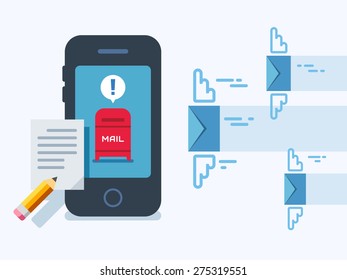 Newsletter notification on smart phone screen concept vector illustration on flat design style.
