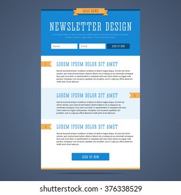 Newsletter Page Design. Web Design For Email Marketing. Landing Page With Sign Up Form And Features. Daily News Email Template. Vector Illustration In Flat Style.