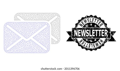 Newsletter rubber stamp seal and vector letters mesh structure. Black seal includes Newsletter text inside ribbon and rosette. Abstract flat mesh letters, built from flat mesh.